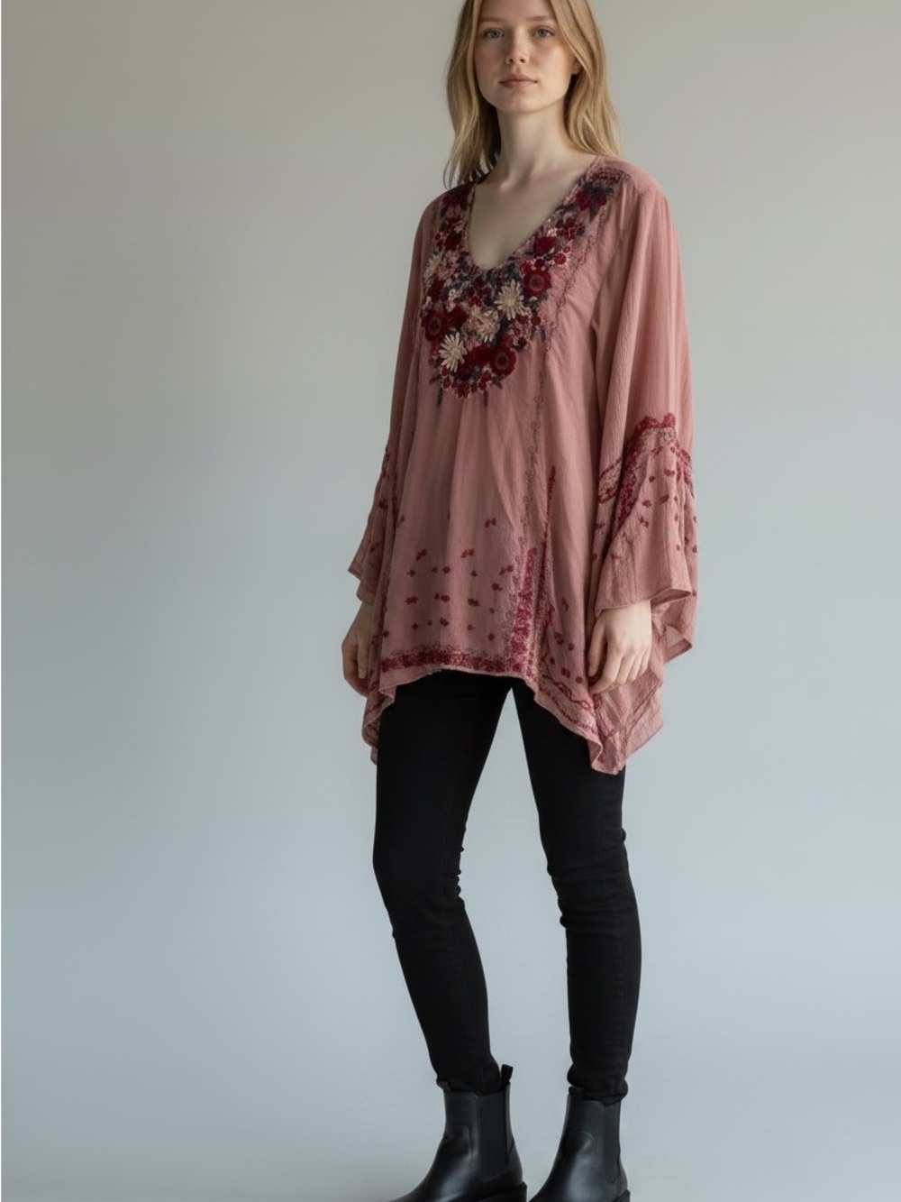 Johnny Was Embroidered V-Neck Boho Tunic Top in Dusty Rose SZL